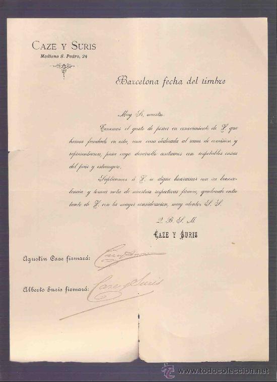 Gesch&auml;ftsbriefe: CARTA COMERCIAL. CAZE Y SURIS. BARCELONA. 1889.