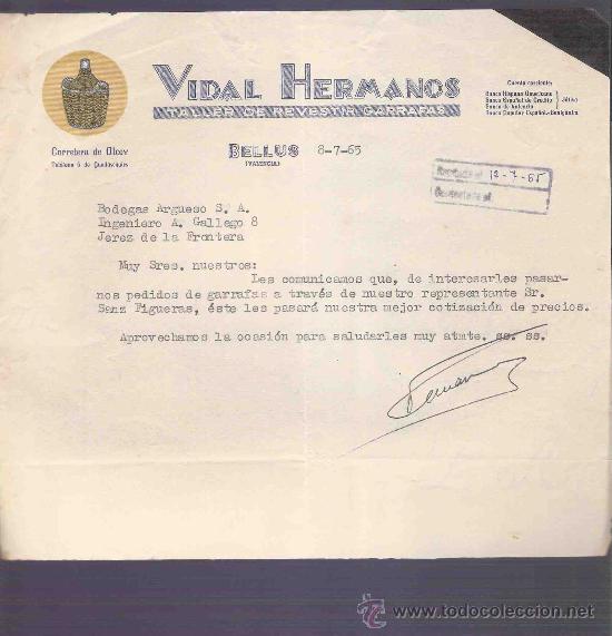 Gesch&auml;ftsbriefe: CARTA COMERCIAL. VIDAL HERMANOS. TALLER REVESTIR GARRAFAS. BODEGAS ARGUESO. JEREZ. JULIO 1965.