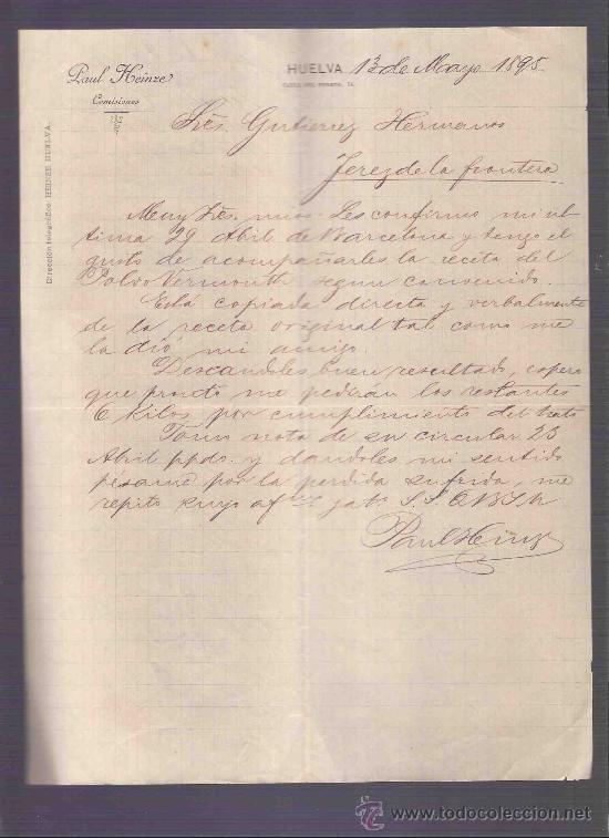 Gesch&auml;ftsbriefe: CARTA COMERCIAL. RAUL HEINZE. COMISIONES. GUTIERREZ HNOS. JEREZ. HUELVA, MAYO 1895.