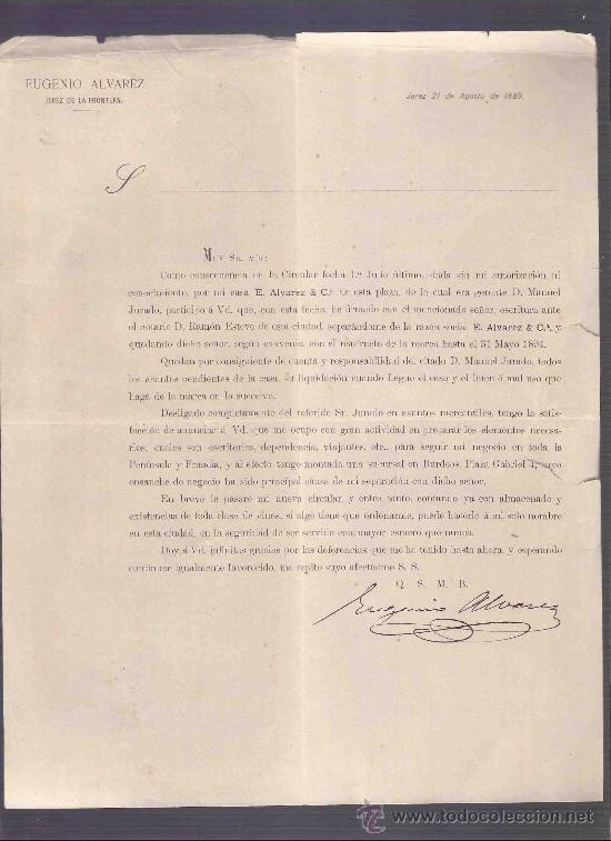 Gesch&auml;ftsbriefe: CARTA COMERCIAL. EUGENIO ALVAREZ. JEREZ DE LA FRONTERA. AGOSTO 1889.