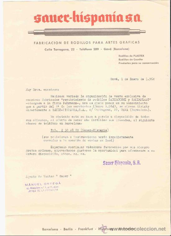 Gesch&auml;ftsbriefe: CARTA COMERCIAL. SAVER-HISPANIA S.A. MANUEL ORTEGA. JEREZ. GAVA, ENERO 1964.