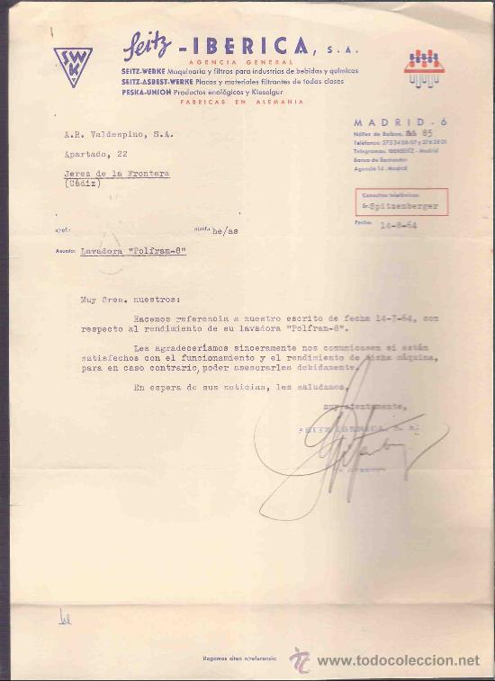 Gesch&auml;ftsbriefe: CARTA COMERCIAL. LEITZ - IBERICA, S.A. AGENCIA GENERAL. VALDESPINO, JEREZ. AGOSTO 1964.