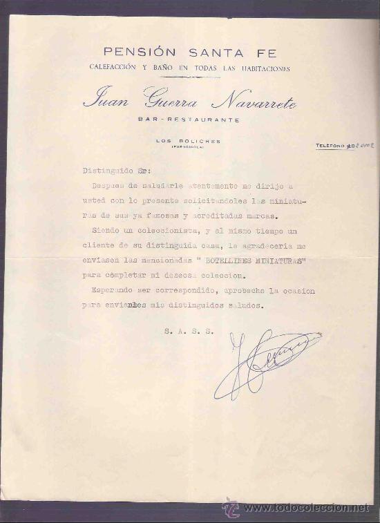 Gesch&auml;ftsbriefe: CARTA COMERCIAL. JUAN GUERRA NAVARRETE. PENSION SANTA FE. ENERO 1964.LOS BOLICHES