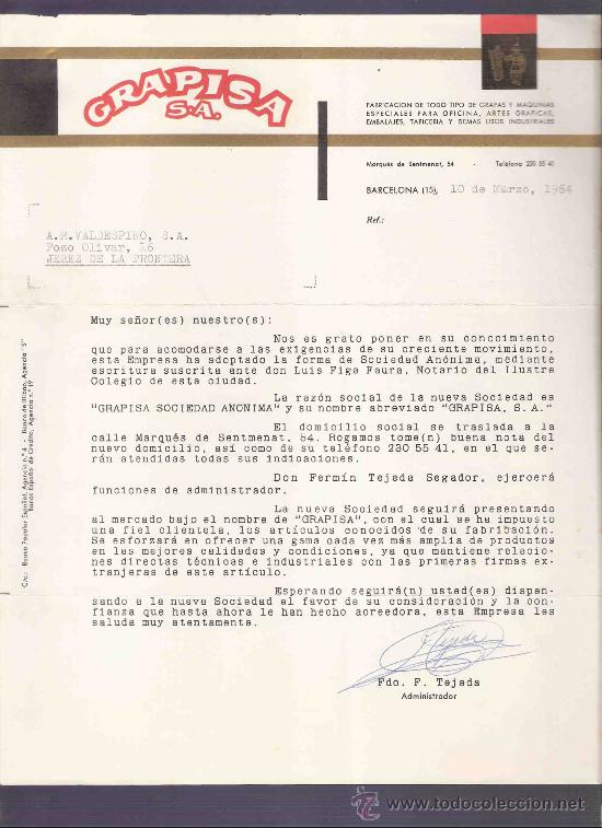 Gesch&auml;ftsbriefe: CARTA COMERCIAL. GRAPISA S.A. VALDESPINO. JEREZ. BARCELONA, MARZO 1964.