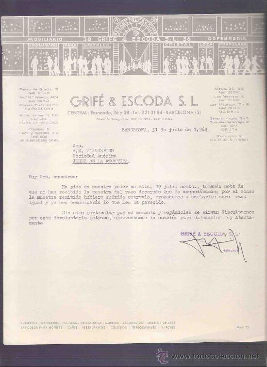 Gesch&auml;ftsbriefe: CARTA COMERCIAL. GRIFE & ESCODA S.L. VALDESPINO. JEREZ. BARCELONA, JULIO 1964.
