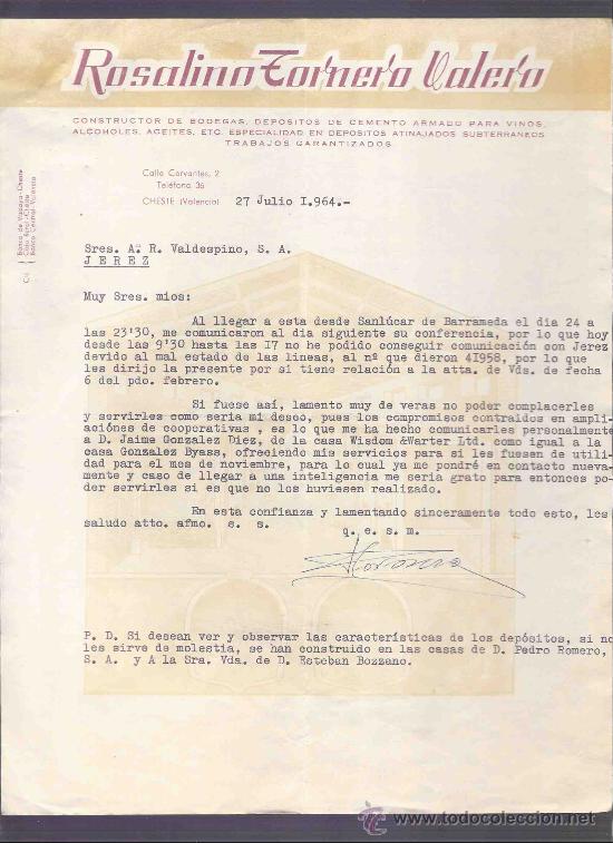 Gesch&auml;ftsbriefe: CARTA COMERCIAL. ROSALINO TORNERO VALERO. CONSTRUCTOR BODEGAS. VALDESPINO. JEREZ. JULIO 1964.