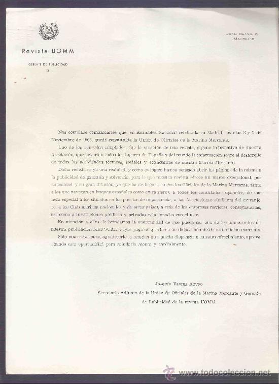 Gesch&auml;ftsbriefe: CARTA COMERCIAL. PUBLICIDAD. REVISTA UOMM. MADRID. GERENTE DE PUBLICIDAD. FEBRERO 1964.