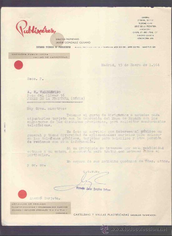 Gesch&auml;ftsbriefe: CARTA COMERCIAL. PUBLICIDAD. PUBLIXEREZ. ESTUDIO TECNICO DE PUBLICIDAD. VALDESPINO. JEREZ.ENERO 1964