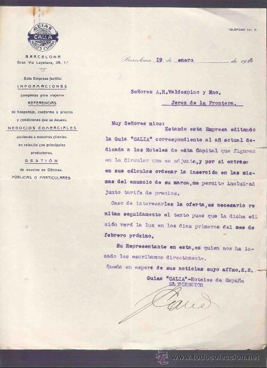 Gesch&auml;ftsbriefe: CARTA COMERCIAL. GUIAS CALIA. HOTELES ESPA&Ntilde;A. VALDESPINO. JEREZ. BARCELONA, ENERO 1928.