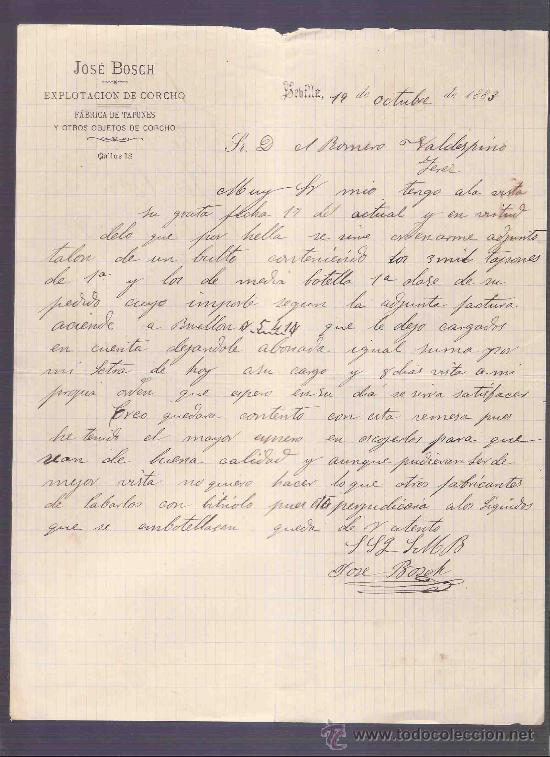 Gesch&auml;ftsbriefe: CARTA COMERCIAL. JOSE BOSCH. EXPLOTACION DE CORCHO. VALDESPINO. JEREZ. SEVILLA, OCTUBRE 1883.