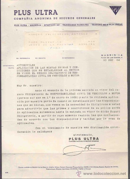 Gesch&auml;ftsbriefe: CARTA COMERCIAL. PLUS ULTRA. SEGUROS GENERALES. VALDESPINO. JEREZ. MADRID, SEPTIEMBRE 1964.