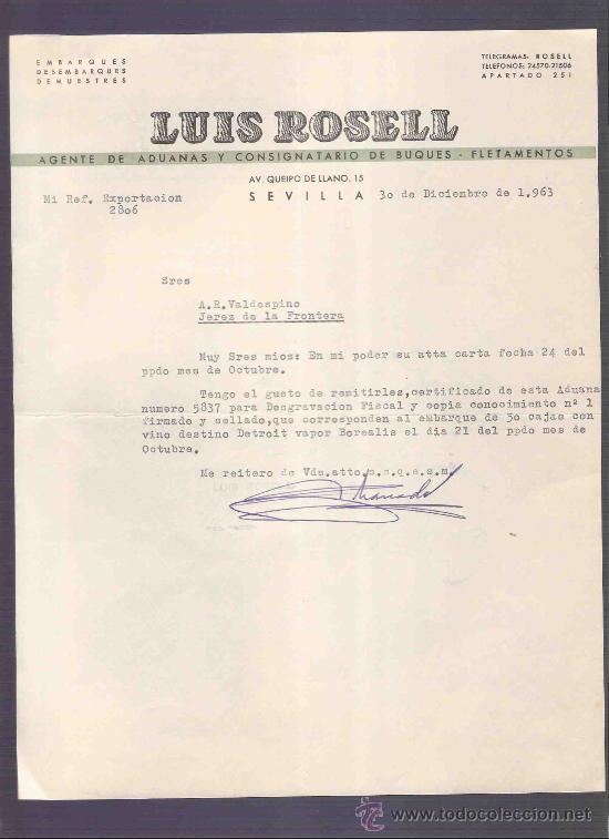 Cartas comerciales: CARTA COMERCIAL. LUIS ROSELL. AGENTE. VALDESPINO. JEREZ. SEVILLA, DICIEMBRE 1963.