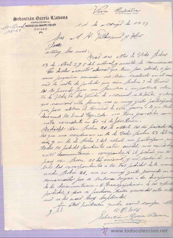 Cartas comerciales: CARTA COMERCIAL. SEBASTIAN GARCIA LLABONA. AGENTE COMERCIAL.  VALDESPINO. JEREZ. MAYO 1937.