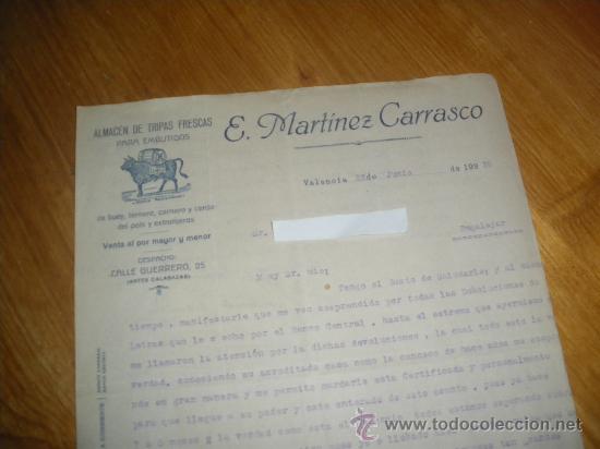 Cartas comerciales: E MARTINEZ CARRASCO, TRIPAS FRESCAS PARA EMBUTIDOS. VALENCIA 1935.