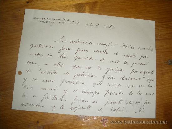 Cartas comerciales: ELECTRA DE CAMBIL, CAMBIL JAEN 1943. NOTA MANUSCRITA.