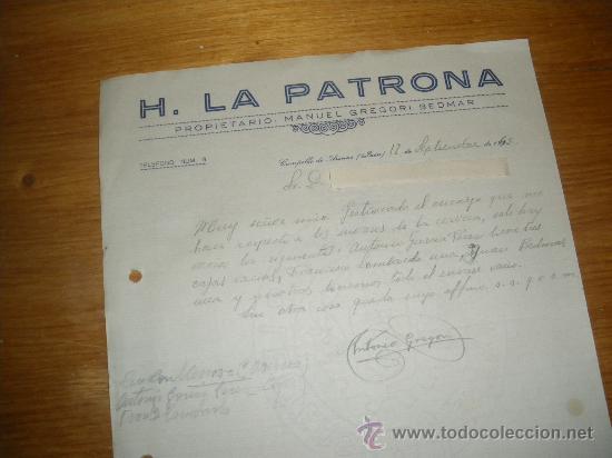 Cartas comerciales: HOSTAL LA PATRONA, MANUEL GREGORI BEDMAR. CAMPILLO DE ARENAS JAEN 1943.