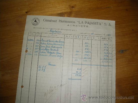 Cartas comerciales: PRODUCTOS LA PAJARITA, GIMENEZ HERMANOS. ALBACETE 1942.