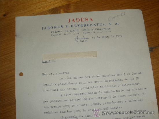 Cartas comerciales: JADESA, JABONES Y DETERGENTES. BARCELONA 1955.