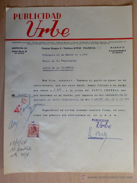 Lettere commerciali: CARTA COMERCIAL. PUBLICIDAD. VALENCIA 1964. URBE. CONCESIONES EXCLUSIVAS. A VALDESPINO.