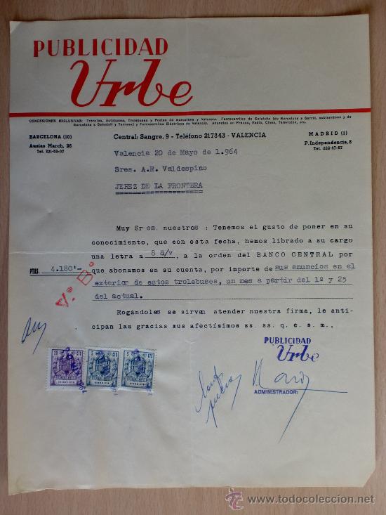 Lettere commerciali: CARTA COMERCIAL. PUBLICIDAD. VALENCIA 1964. URBE. CONCESIONES EXCLUSIVAS. A VALDESPINO.