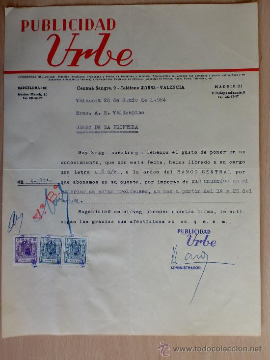 Lettere commerciali: CARTA COMERCIAL. PUBLICIDAD URBE. VALENCIA 1964. A VALDESPINO.