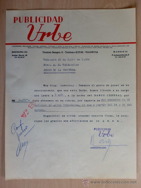 Lettere commerciali: CARTA COMERCIAL. PUBLICIDAD URBE. VALENCIA 1964. A VALDESPINO.