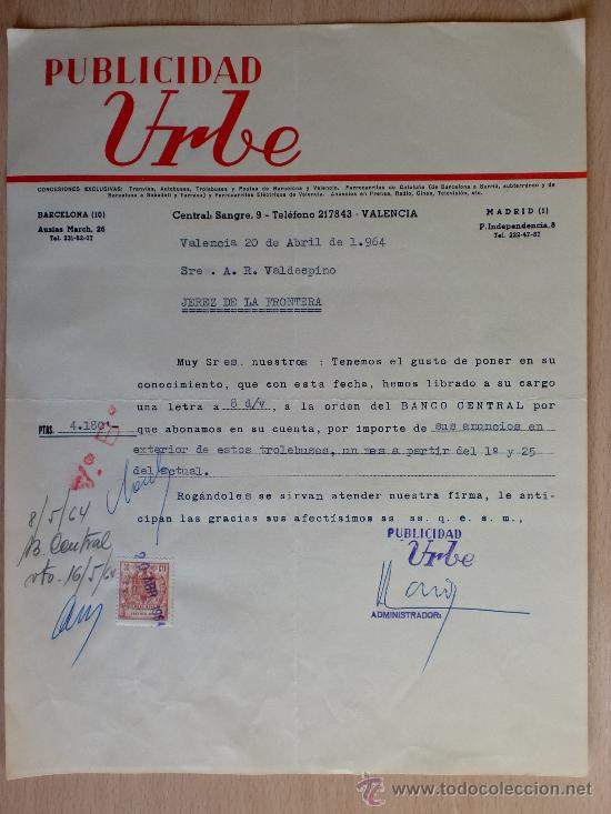 Lettere commerciali: CARTA COMERCIAL. PUBLICIDAD URBE. VALENCIA 1964. A VALDESPINO.