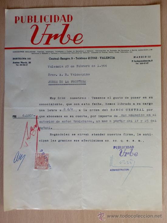 Lettere commerciali: CARTA COMERCIAL. PUBLICIDAD URBE. VALENCIA 1964. A VALDESPINO.