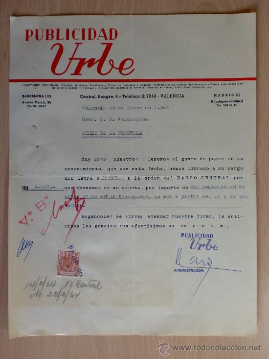 Lettere commerciali: CARTA COMERCIAL. PUBLICIDAD URBE. VALENCIA 1964. A VALDESPINO.