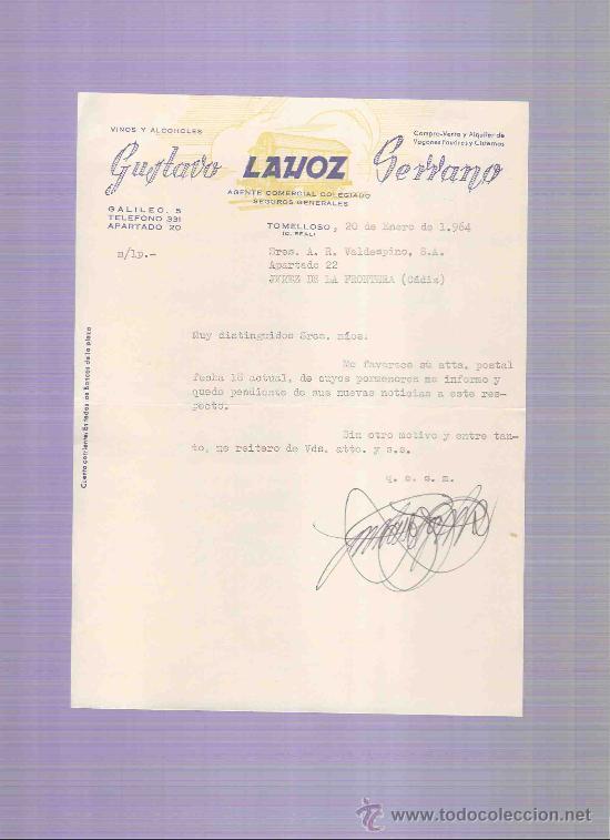 Commercial Letters: CARTA COMERCIAL. GUSTAVO LAHOZ SERRANO. AGENTE COMERCIAL. VALDESPINO. JEREZ. TOMELLOSO, ENERO 1964.