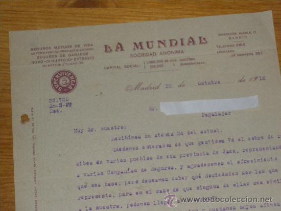 Cartas comerciales: LA MUNDIAL, SEGUROS. SUPERVIVENCIA. MADRID 1918.