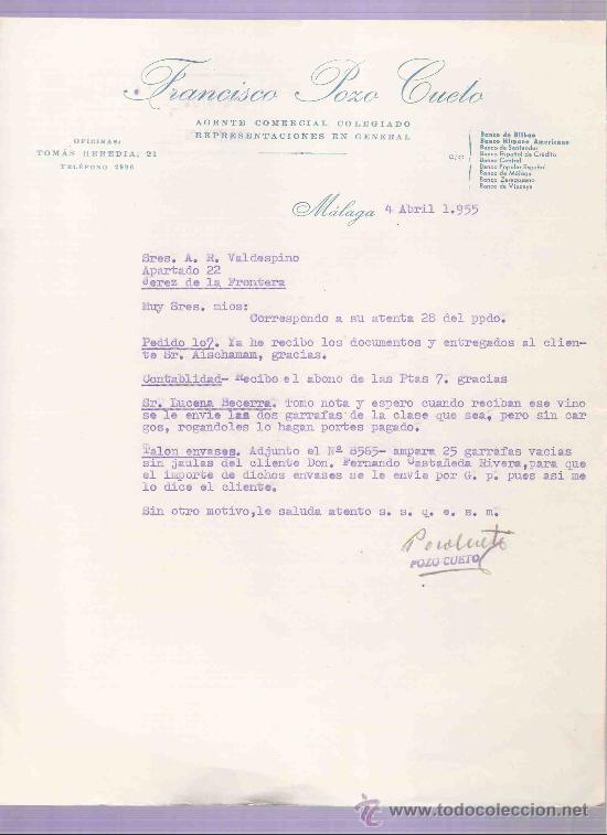 Cartas comerciales: CARTA COMERCIAL. FRANCISCO POZO CUETO. AGENTE COMERCIAL. A.R. VALDESPINO. JEREZ. MALAGA, ABRIL 1955.