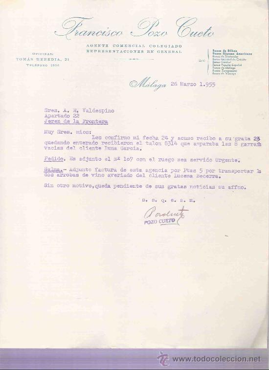 Cartas comerciais: CARTA COMERCIAL. FRANCISCO POZO CUETO. AGENTE COMERCIAL. A.R. VALDESPINO. JEREZ. MALAGA, MARZO 1955.