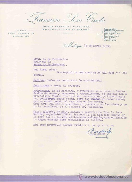 Cartas comerciais: CARTA COMERCIAL. FRANCISCO POZO CUETO. AGENTE COMERCIAL. A.R. VALDESPINO. JEREZ. MALAGA, MARZO 1955.