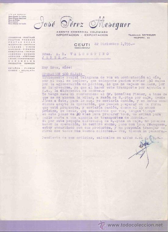 Gesch&auml;ftsbriefe: CARTA COMERCIAL. JOSE PEREZ MESEGUER. AGENTE COMERCIAL. A.R. VALDESPINO. JEREZ. CEUTI,DICIEMBRE 1955