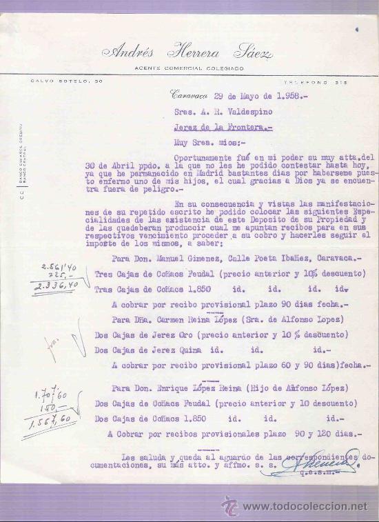 Gesch&auml;ftsbriefe: CARTA COMERCIAL. ANDRES HERRERA LAEZ. AGENTE COMERCIAL.  A.R. VALDESPINO. JEREZ. CARAVACA,MAYO 1958.