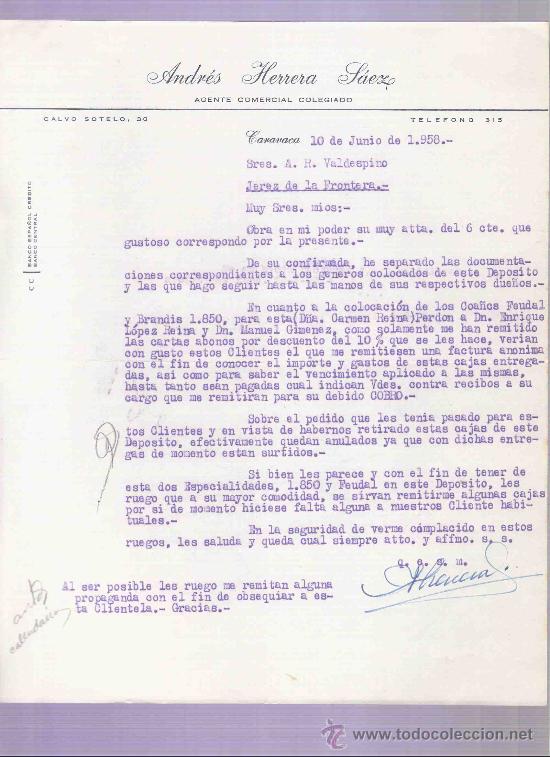 Gesch&auml;ftsbriefe: CARTA COMERCIAL. ANDRES HERRERA LAEZ. AGENTE COMERCIAL.  A.R. VALDESPINO. JEREZ. CARAVACA,JUNIO 1958