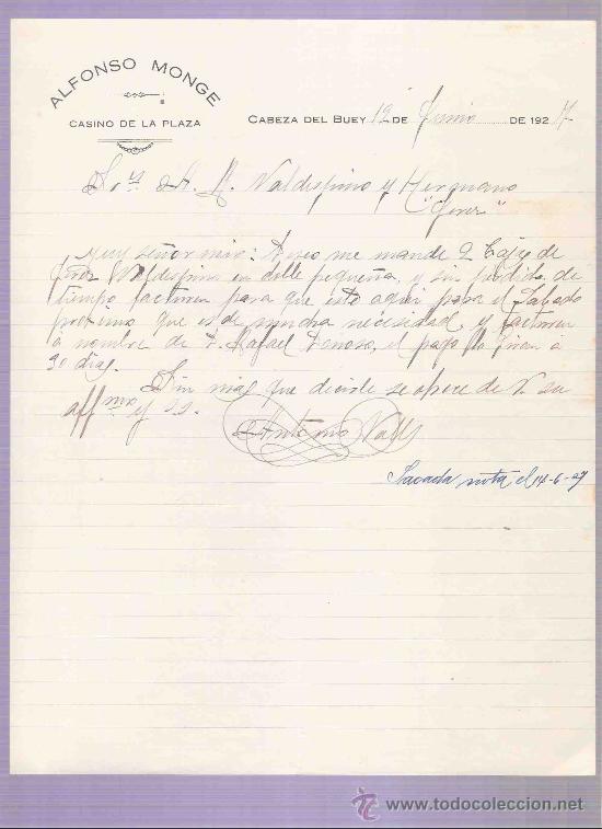 Gesch&auml;ftsbriefe: CARTA COMERCIAL. ALFONSO MONGE. CASINO DE LA PLAZA.  A.R. VALDESPINO. JEREZ. CABEZA BUEY, JUNIO 1927