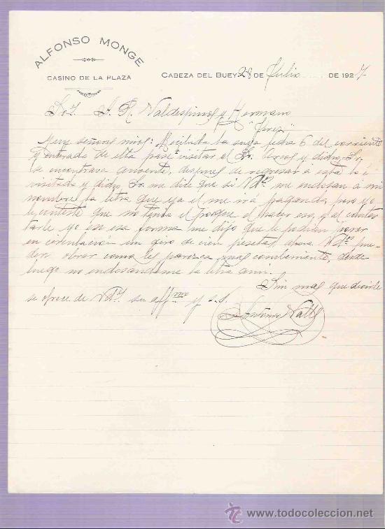 Gesch&auml;ftsbriefe: CARTA COMERCIAL. ALFONSO MONGE. CASINO DE LA PLAZA.  A.R. VALDESPINO. JEREZ. CABEZA BUEY, JULIO 1927