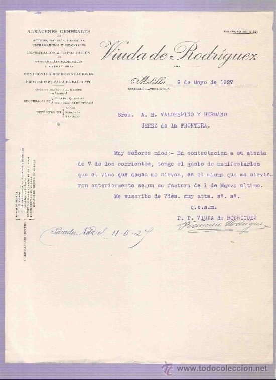 Gesch&auml;ftsbriefe: CARTA COMERCIAL. VIUDA DE RODRIGUEZ. ALMACENES.  A.R. VALDESPINO. JEREZ. MELILLA, MAYO 1927.
