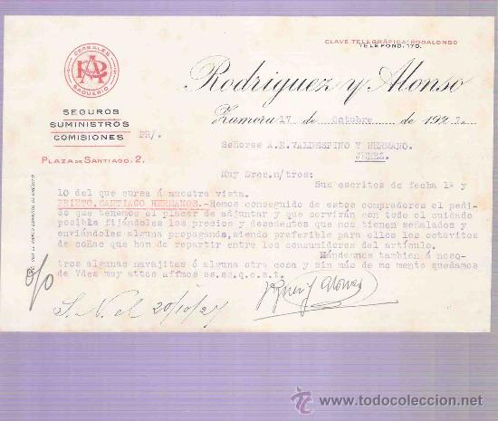 Gesch&auml;ftsbriefe: CARTA COMERCIAL. RODRIGUEZ Y ALONSO. SEGUROS.  A.R. VALDESPINO. JEREZ. ZAMORA, OCTUBRE 1927.