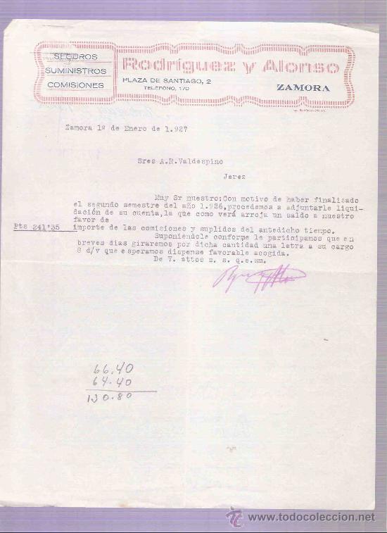 Gesch&auml;ftsbriefe: CARTA COMERCIAL. RODRIGUEZ Y ALONSO. SEGUROS.  A.R. VALDESPINO. JEREZ. ZAMORA, ENERO 1927.