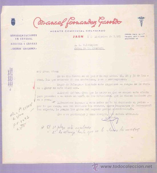 Gesch&auml;ftsbriefe: CARTA COMERCIAL. MANUEL FERNANDEZ GARRIDO. AGENTE COMERCIAL.  A.R. VALDESPINO. JEREZ.  1961, DICIEM.