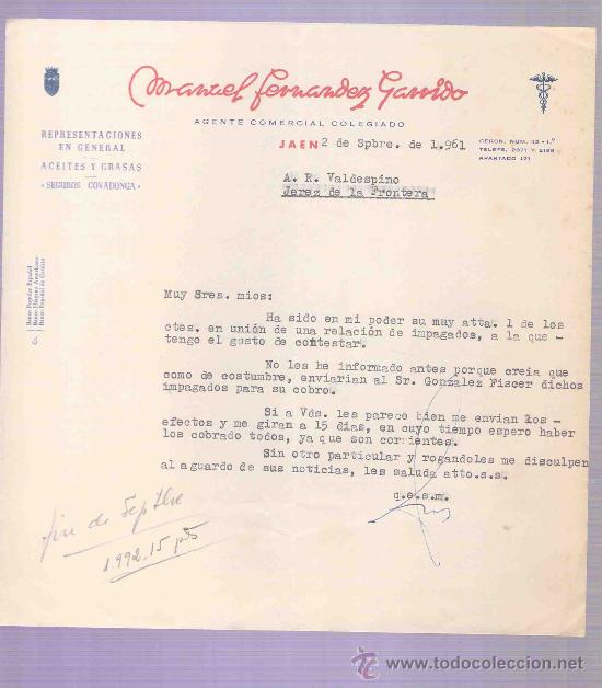 Gesch&auml;ftsbriefe: CARTA COMERCIAL. MANUEL FERNANDEZ GARRIDO. AGENTE COMERCIAL.  A.R. VALDESPINO. JEREZ.  1961,  SEPT.