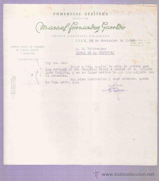 Gesch&auml;ftsbriefe: CARTA COMERCIAL. MANUEL FERNANDEZ GARRIDO. AGENTE COMERCIAL.  A.R. VALDESPINO. JEREZ.  1961,  NOVI.