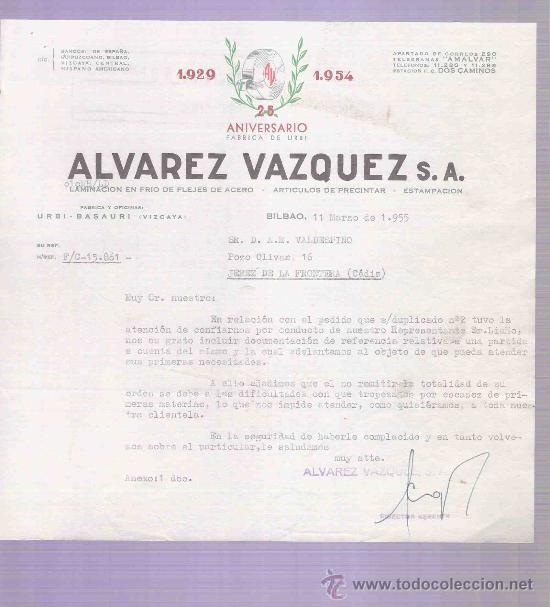 Gesch&auml;ftsbriefe: CARTA COMERCIAL. ALVAREZ VAZQUEZ S.A. LAMINACION.  A.R. VALDESPINO. JEREZ. BILBAO, MARZO 1955.