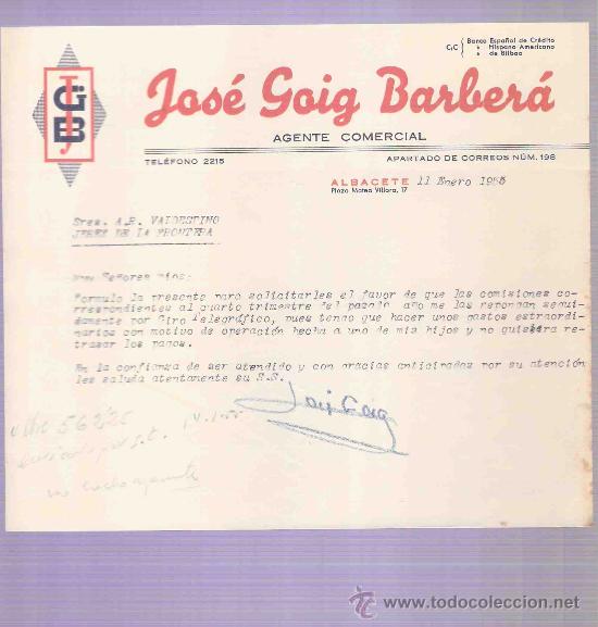 Cartas comerciales: CARTA COMERCIAL. JOSE GOIG BARBERA. AGENTE COMERCIAL.  A.R. VALDESPINO. JEREZ. ALBACETE,  1955, ENE.
