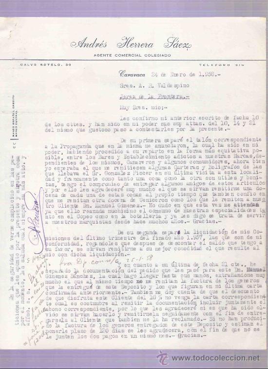 Cartas comerciales: CARTA COMERCIAL. ANDRES HERRERA LAEZ. AGENTE COMERCIAL.  A.R. VALDESPINO. JEREZ. CARAVACA,ENERO 1958