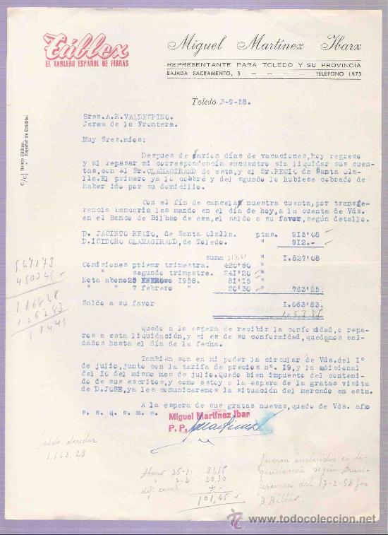 Cartas comerciales: CARTA COMERCIAL. MIGUEL MARTINEZ IBARZ. ZABLEX.  A.R. VALDESPINO. JEREZ.  TOLEDO, SEPTIEMBRE 1958.