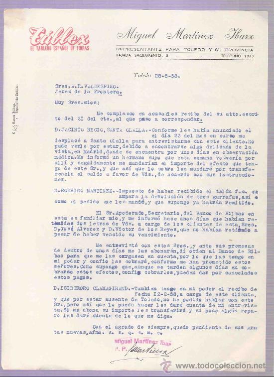 Cartas comerciales: CARTA COMERCIAL. MIGUEL MARTINEZ IBARZ. ZABLEX.  A.R. VALDESPINO. JEREZ.  TOLEDO, MAYO 1958.